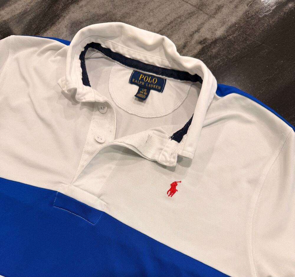 Polo Ralph Lauren Boys L 14-16 White Blue Rugby Polo Shirt Performance Logo